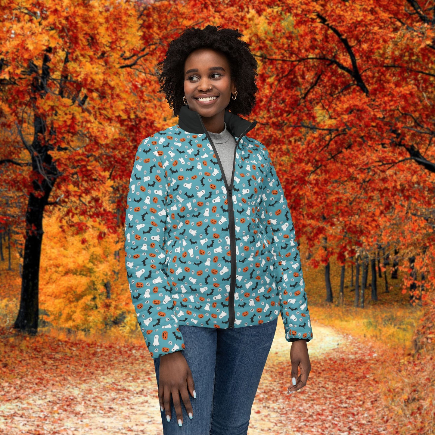Blue Halloween Women's Puffer Jacket, Stylish Winter Outerwear, Cozy Jacket with Fun Pattern, Great for Outdoor Adventures, Perfect Gift for Her