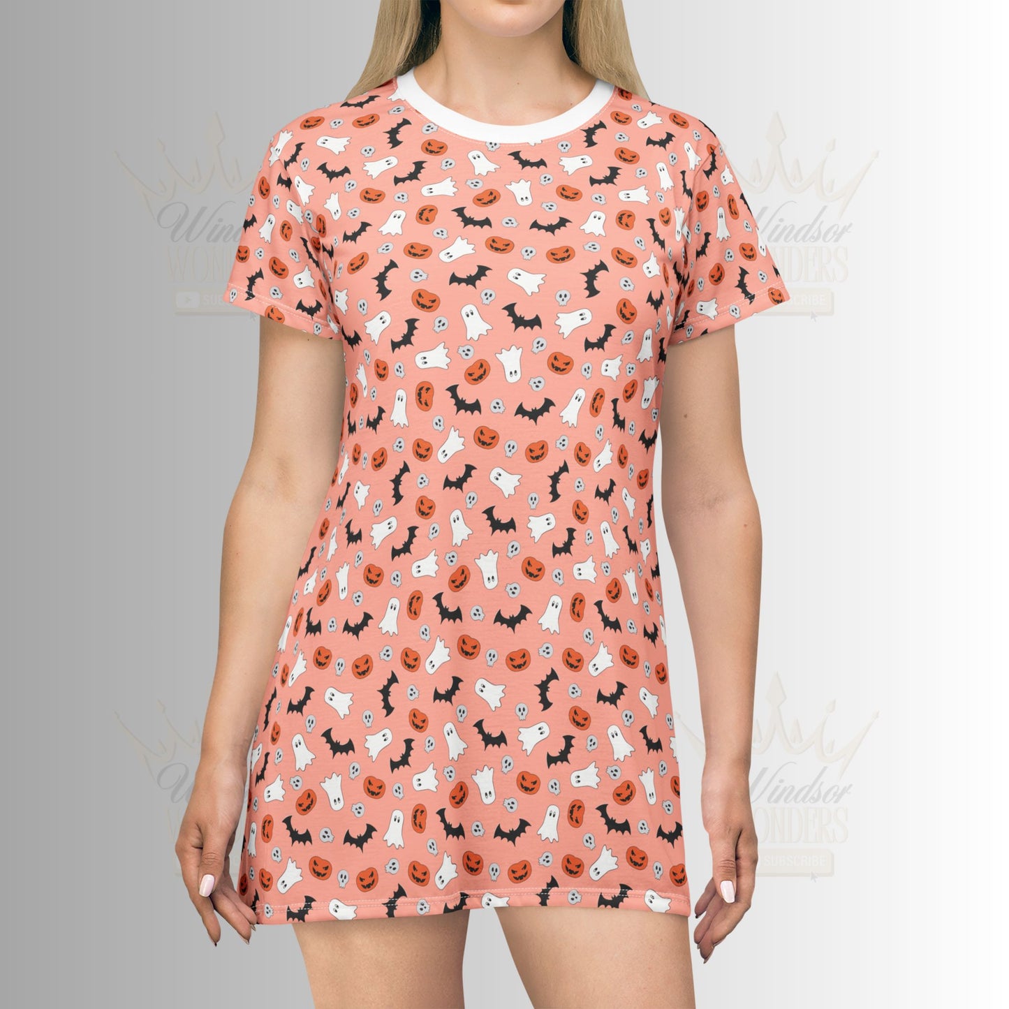 Cute Orange Halloween-Print T-Shirt Dress, Casual Everyday Wear, Gift for Spooky Lovers, Fall Dress, Cute Ghost Fashion