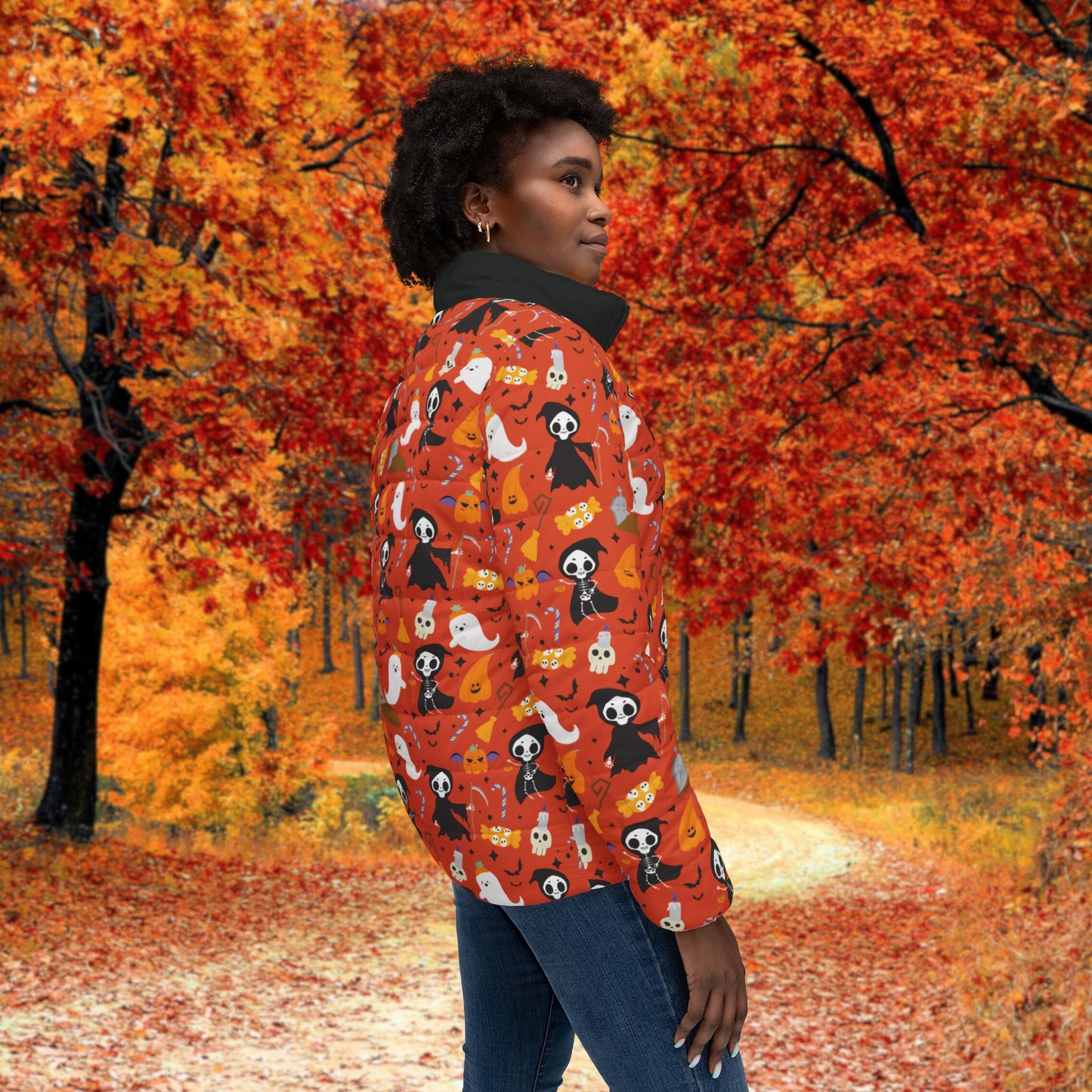 Halloween Ghosts & Reapers Women’s Puffer Jacket, Cozy Fall Layer, Spooky Season Outerwear, Pet Lover Gift, Cute Halloween Apparel