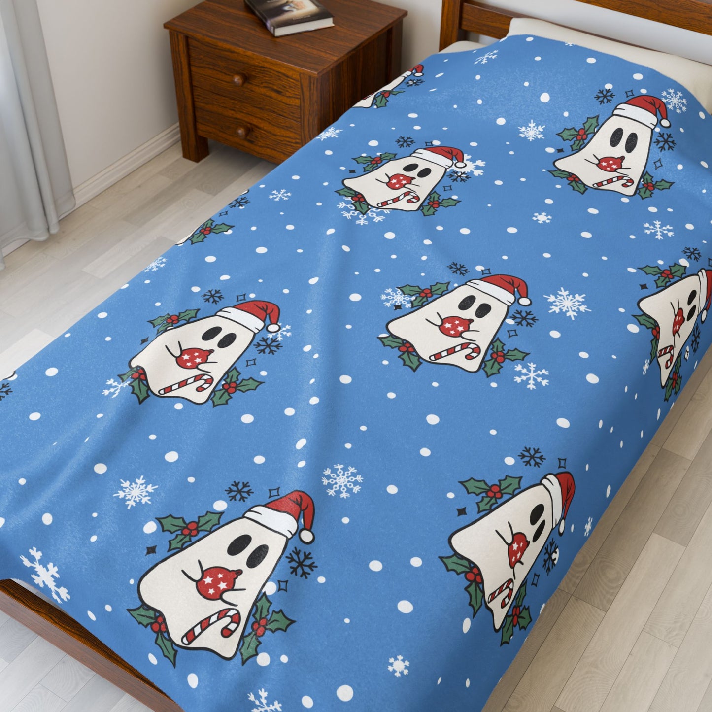 Festive Spirits Light Blue Velveteen Plush Blanket