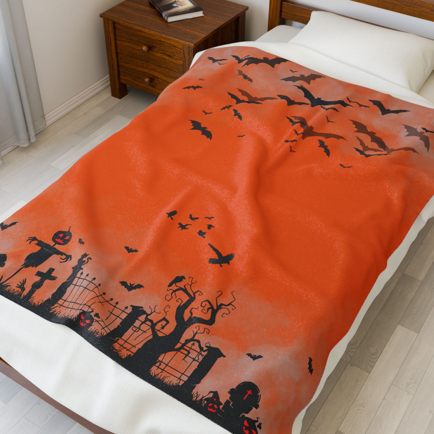 Windsor Wonders Orange Graveyard Halloween Velveteen Plush Blanket