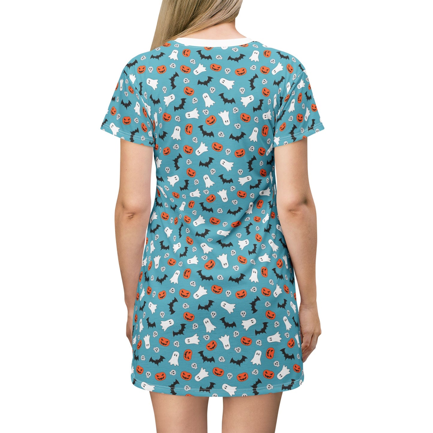 Whimsical Blue Halloween Pattern T-Shirt Dress, Fun Casual Wear, Perfect for Spooky Lovers, Holiday-Themed Gift, Fall Fashion, Cute Closet Essential