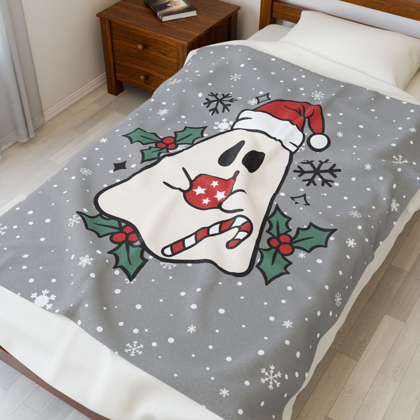 Big Festive Spirits Light Grey Velveteen Plush Blanket