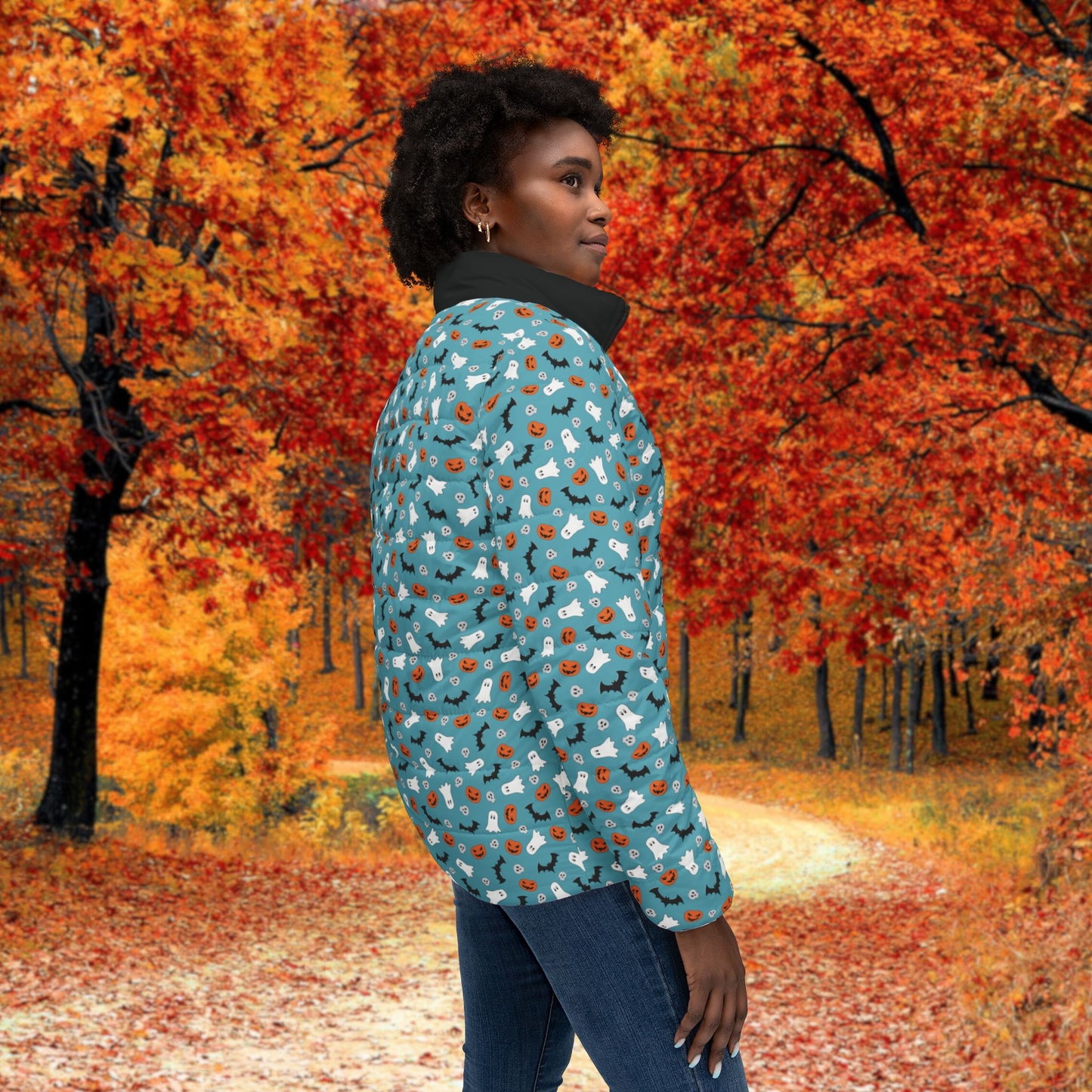 Blue Halloween Women's Puffer Jacket, Stylish Winter Outerwear, Cozy Jacket with Fun Pattern, Great for Outdoor Adventures, Perfect Gift for Her