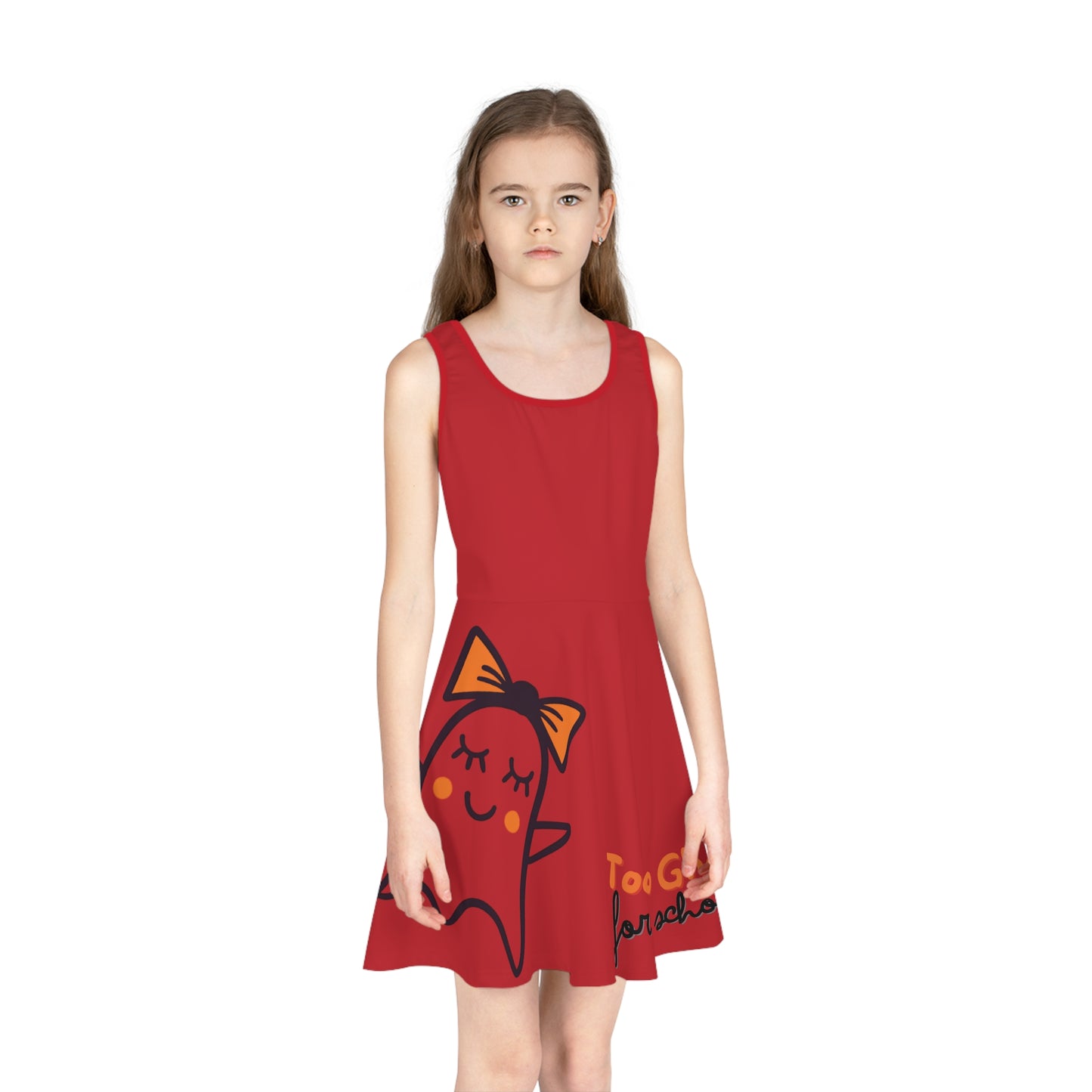 Dark Red Too Ghoul For School Cute Ghost Girls' Sleeveless Sundress (AOP)