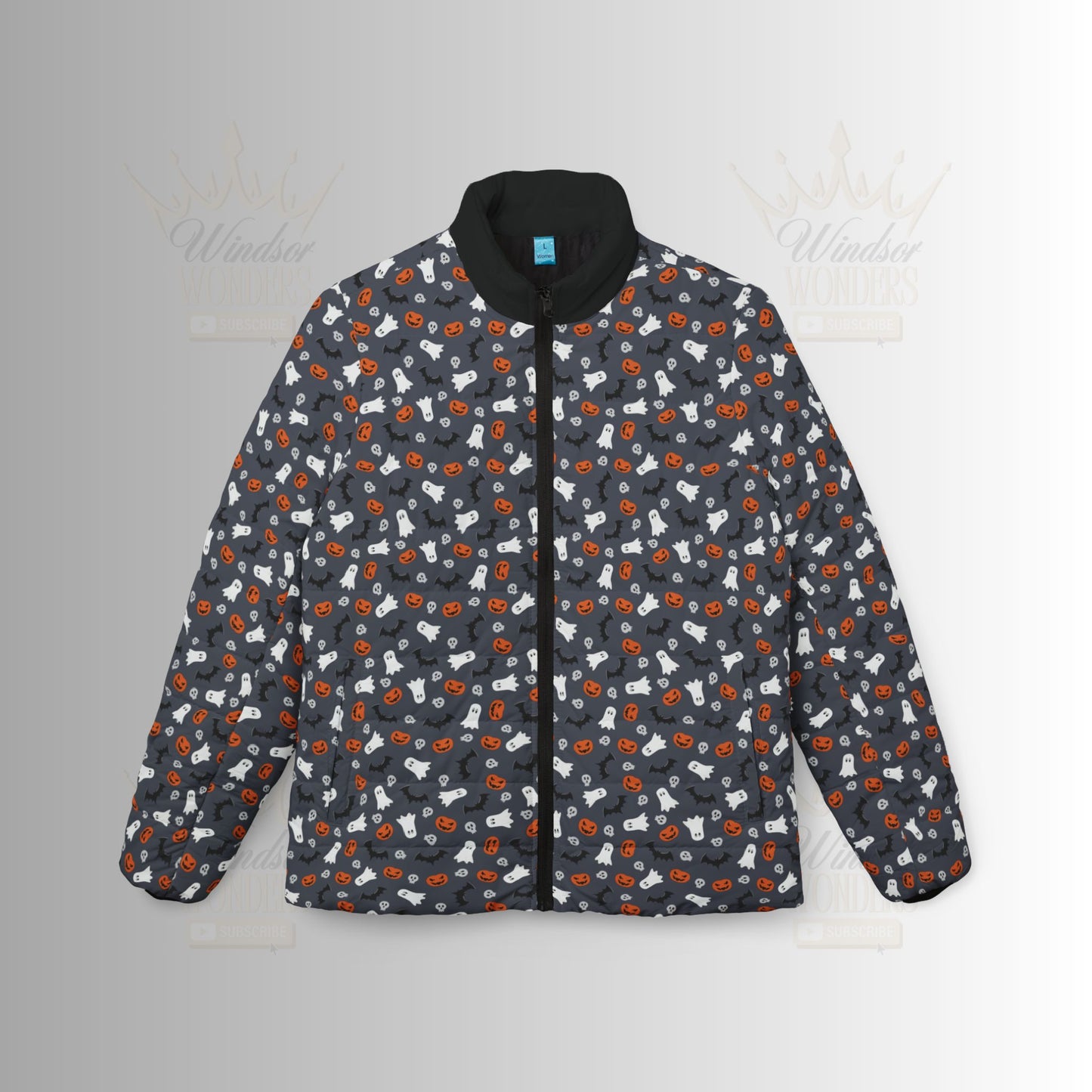 Dark Grey Halloween Cozy Women's Puffer Jacket, Warm Outerwear, Trendy Fall Fashion, Outdoor Adventure Gear, Stylish Winter Layering