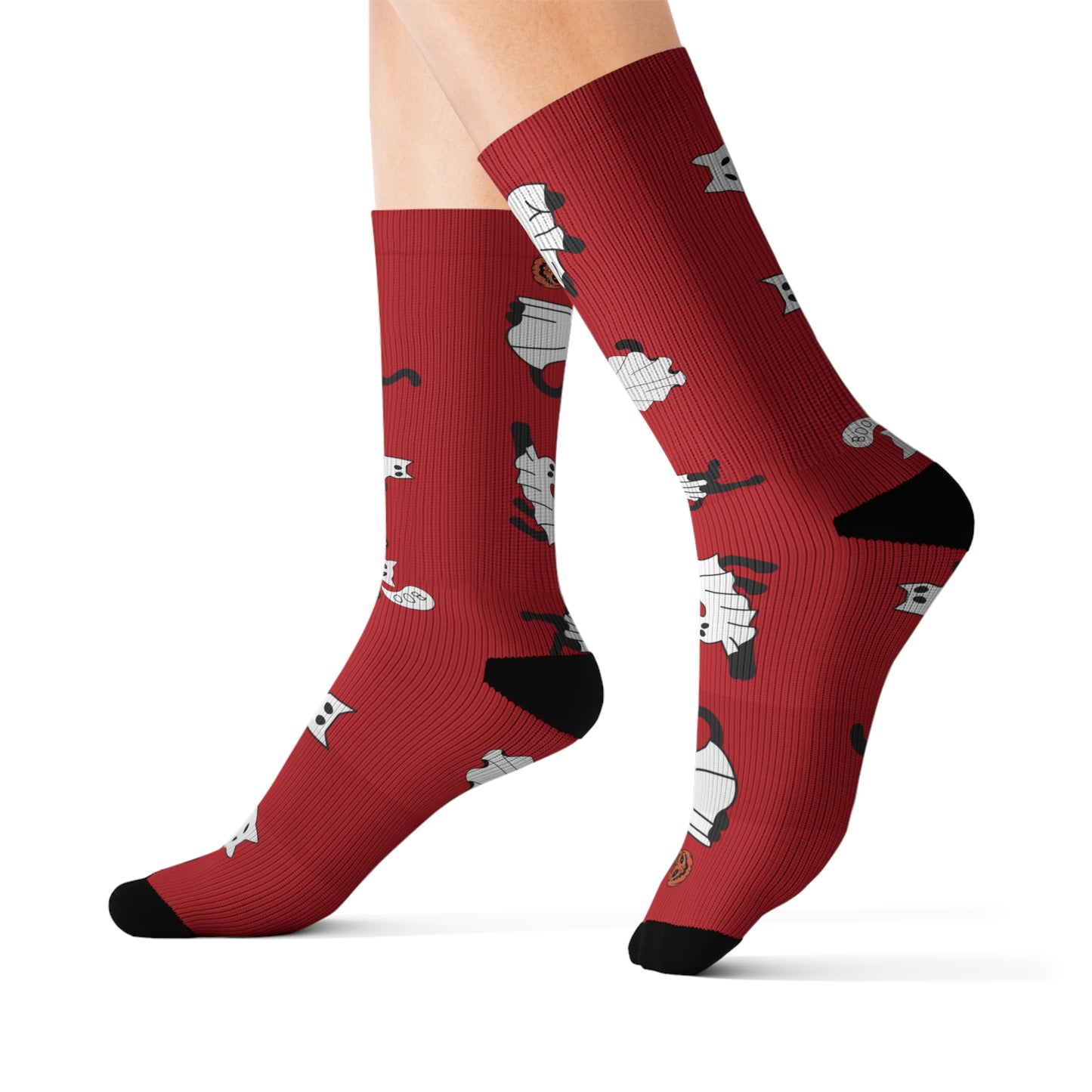 Windsor Wonders Red Halloween Ghost Cats Sublimation Socks
