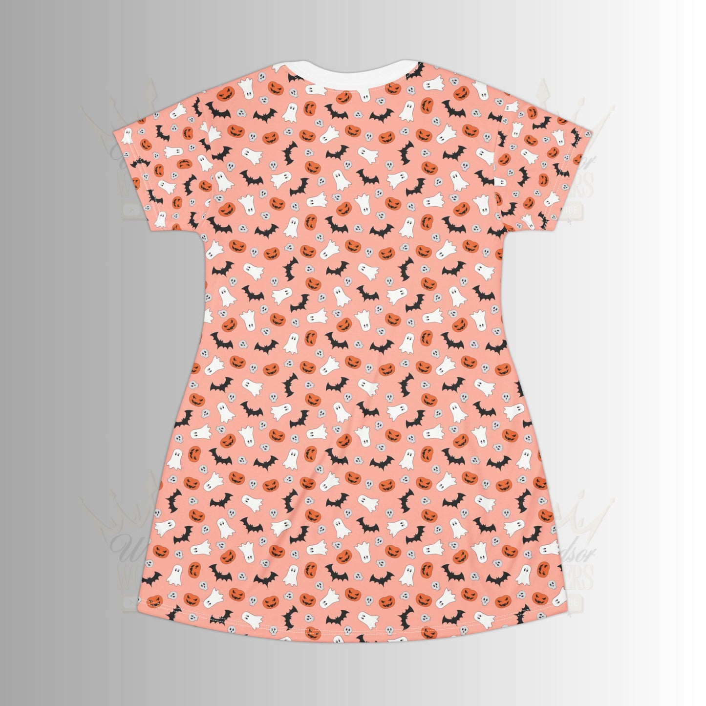 Cute Orange Halloween-Print T-Shirt Dress, Casual Everyday Wear, Gift for Spooky Lovers, Fall Dress, Cute Ghost Fashion