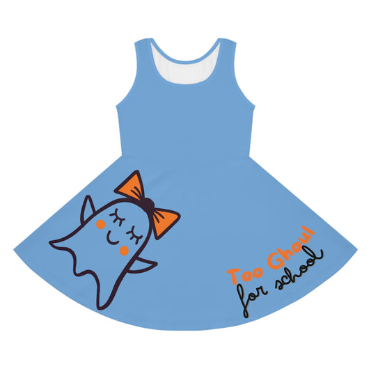 Light Blue Too Ghoul For School Cute Ghost Girls' Sleeveless Sundress (AOP)