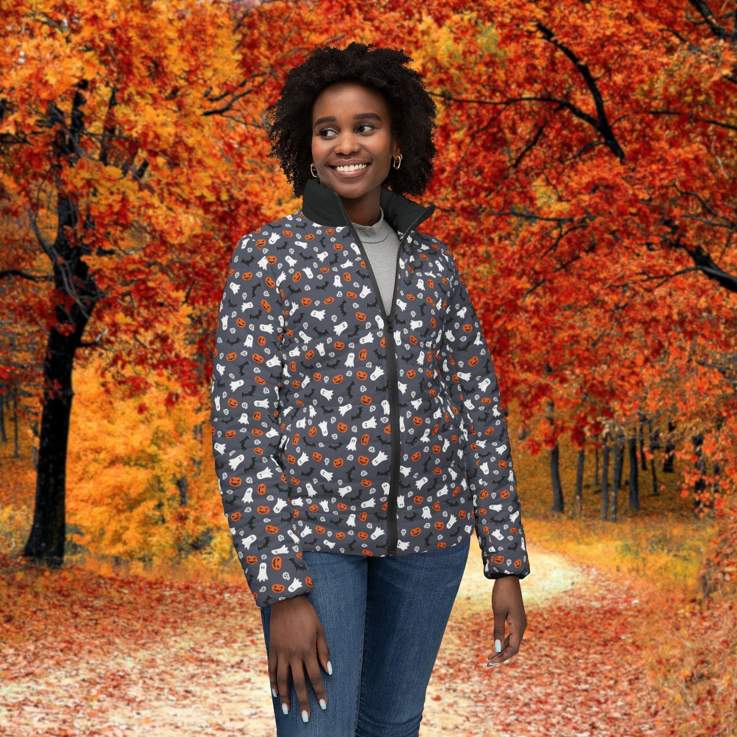 Dark Grey Halloween Cozy Women's Puffer Jacket, Warm Outerwear, Trendy Fall Fashion, Outdoor Adventure Gear, Stylish Winter Layering