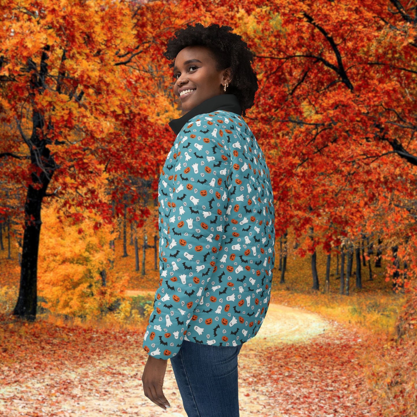 Blue Halloween Women's Puffer Jacket, Stylish Winter Outerwear, Cozy Jacket with Fun Pattern, Great for Outdoor Adventures, Perfect Gift for Her