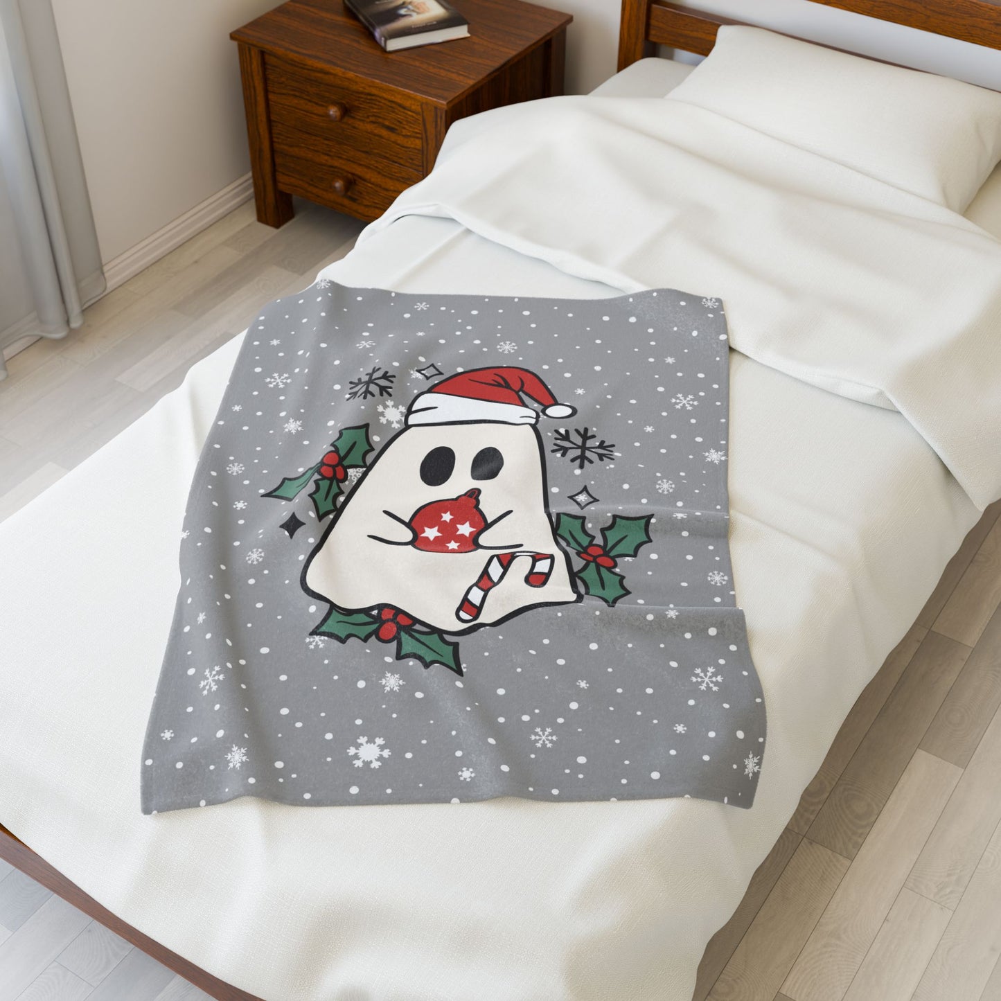 Big Festive Spirits Light Grey Velveteen Plush Blanket