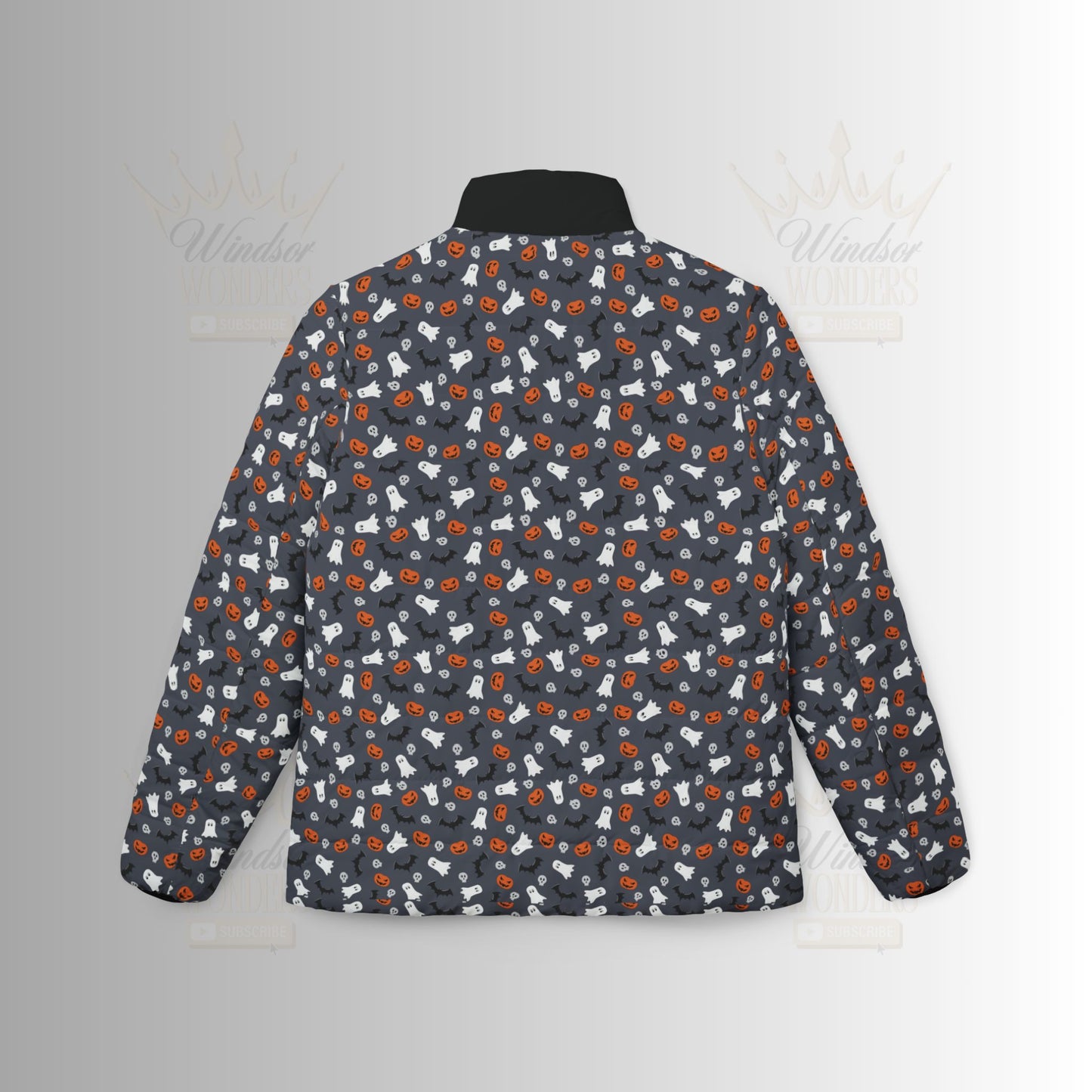 Dark Grey Halloween Cozy Women's Puffer Jacket, Warm Outerwear, Trendy Fall Fashion, Outdoor Adventure Gear, Stylish Winter Layering