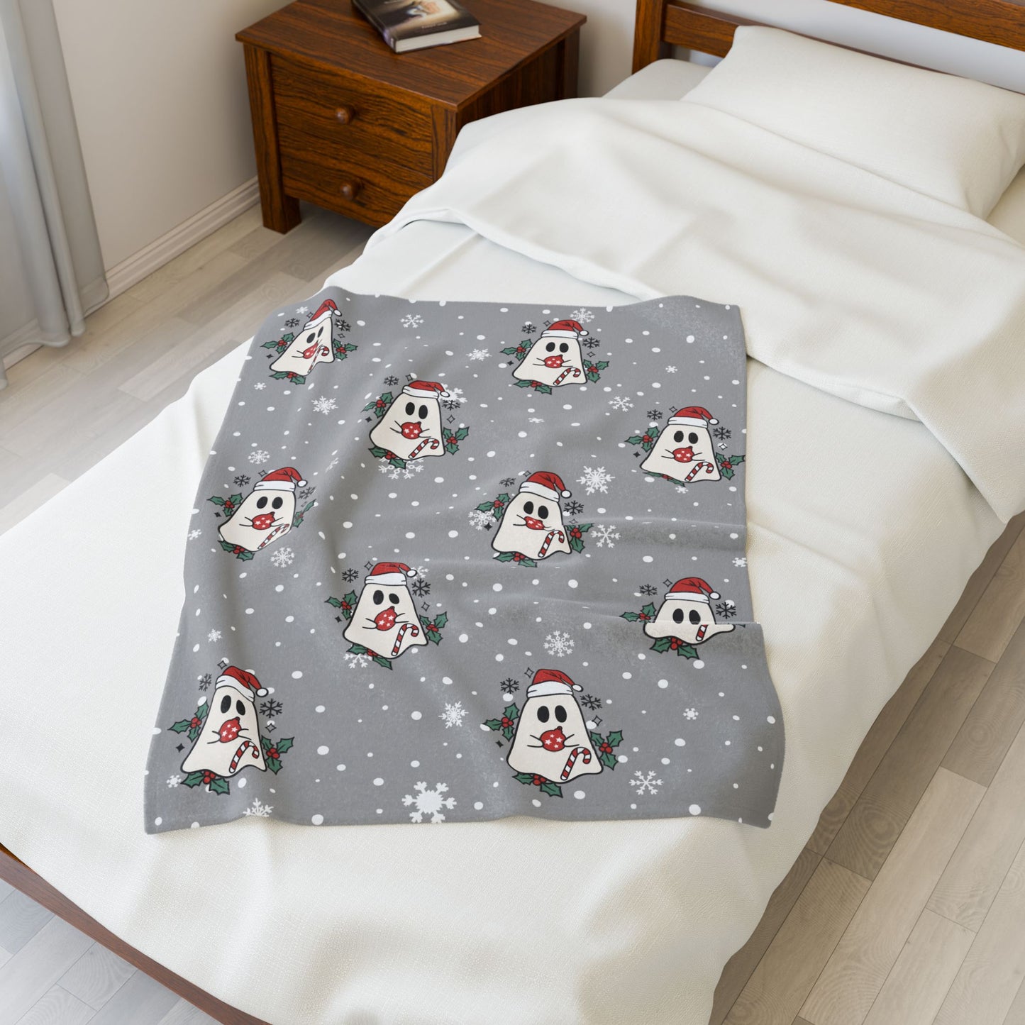 Festive Spirits Light Grey Velveteen Plush Blanket