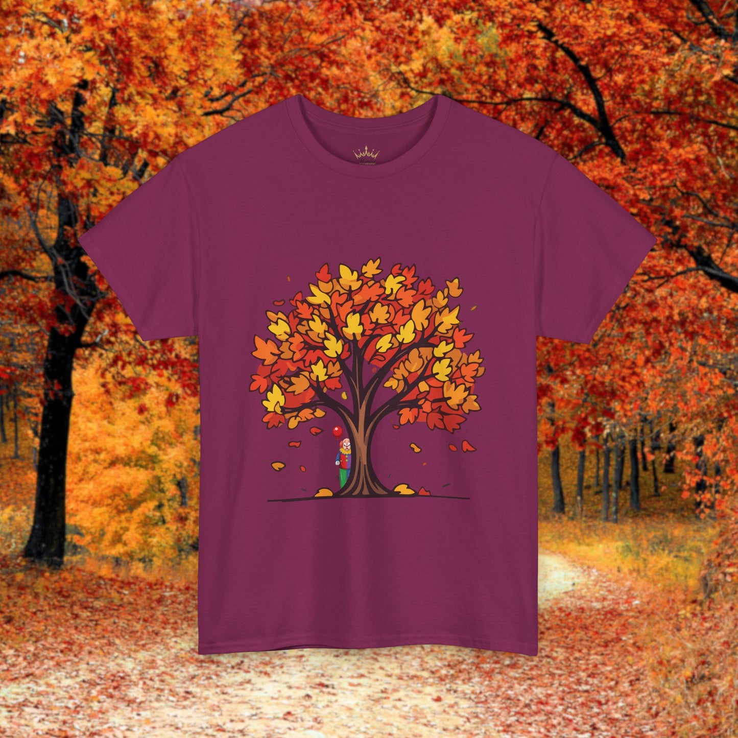Autumn Tree Clown Tee, Unisex Cotton Shirt, Fall Fashion, Nature Lover Gift, Seasonal Wear, Thanksgiving Apparel