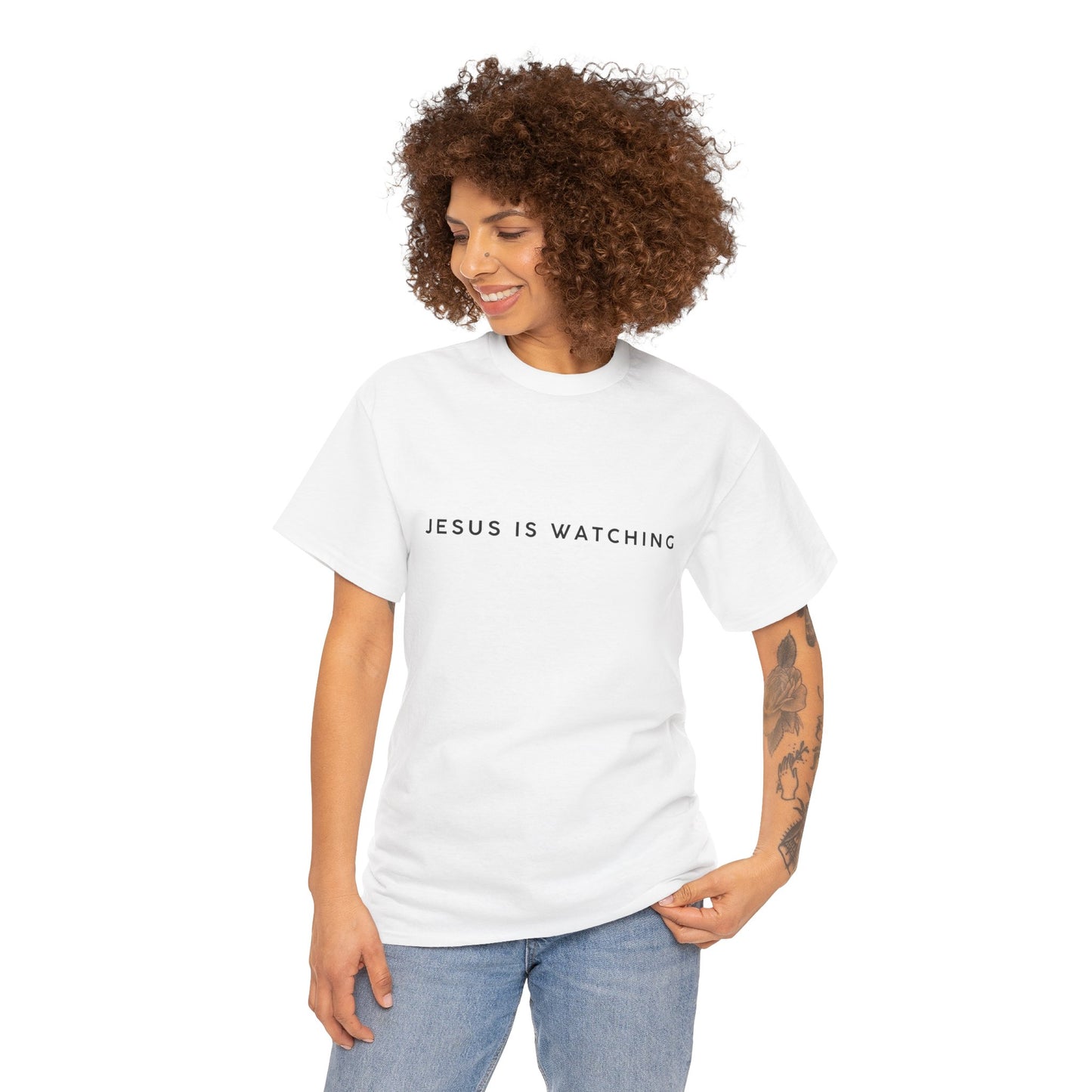 Funny Religious T-Shirt, Jesus is Watching Tee, Humorous Christian Apparel, Gift for Believers, Unique Faith-Based Clothing