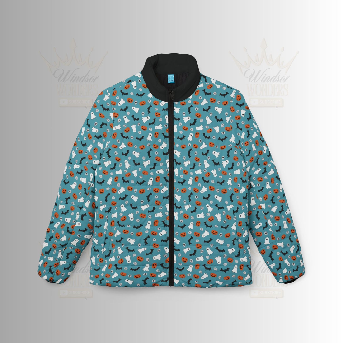 Blue Halloween Women's Puffer Jacket, Stylish Winter Outerwear, Cozy Jacket with Fun Pattern, Great for Outdoor Adventures, Perfect Gift for Her