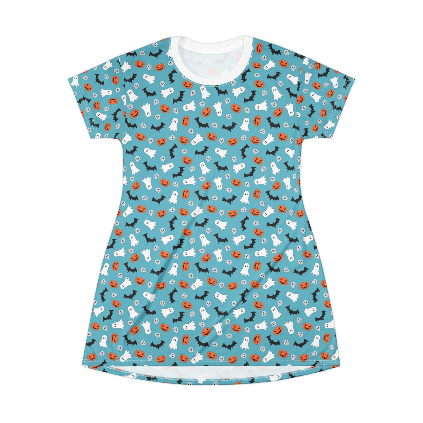 Whimsical Blue Halloween Pattern T-Shirt Dress, Fun Casual Wear, Perfect for Spooky Lovers, Holiday-Themed Gift, Fall Fashion, Cute Closet Essential