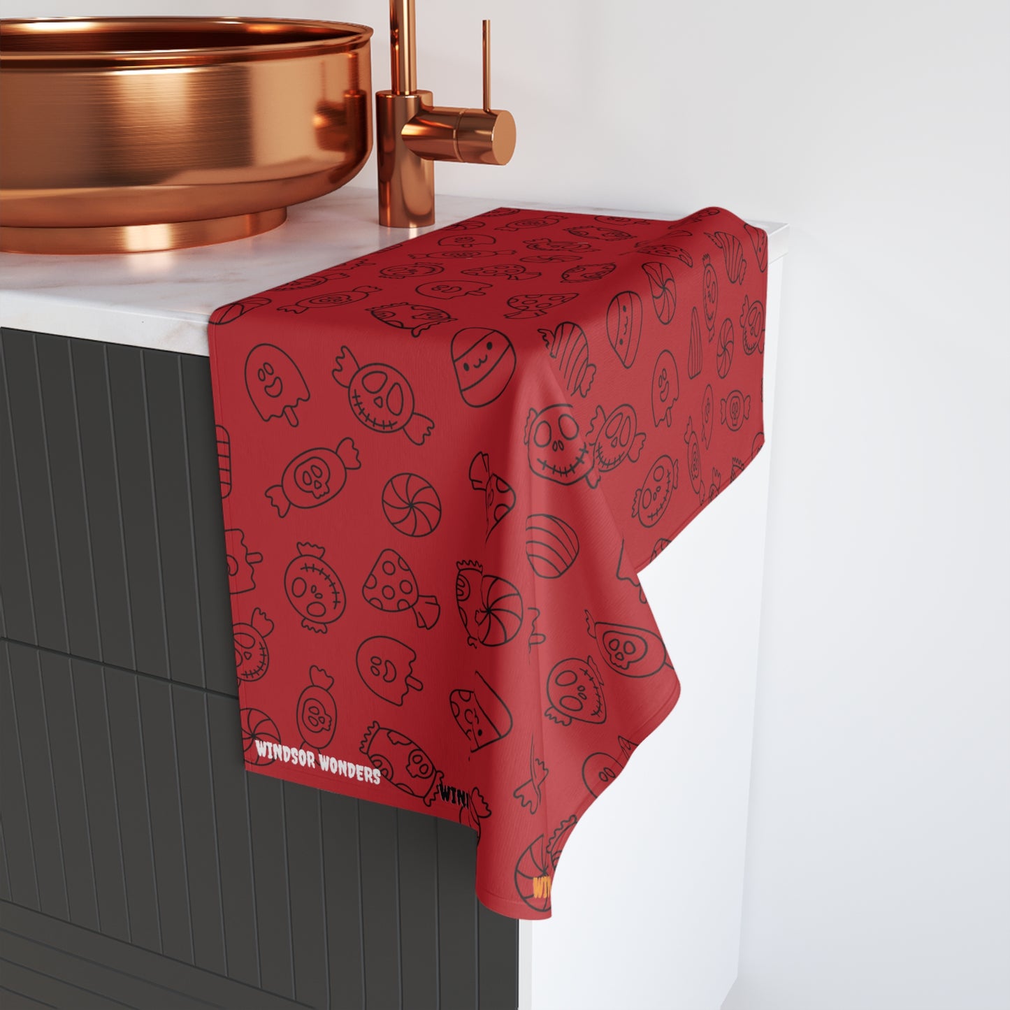 Windsor Wonders Dark Red Halloween Candy Hand Towel