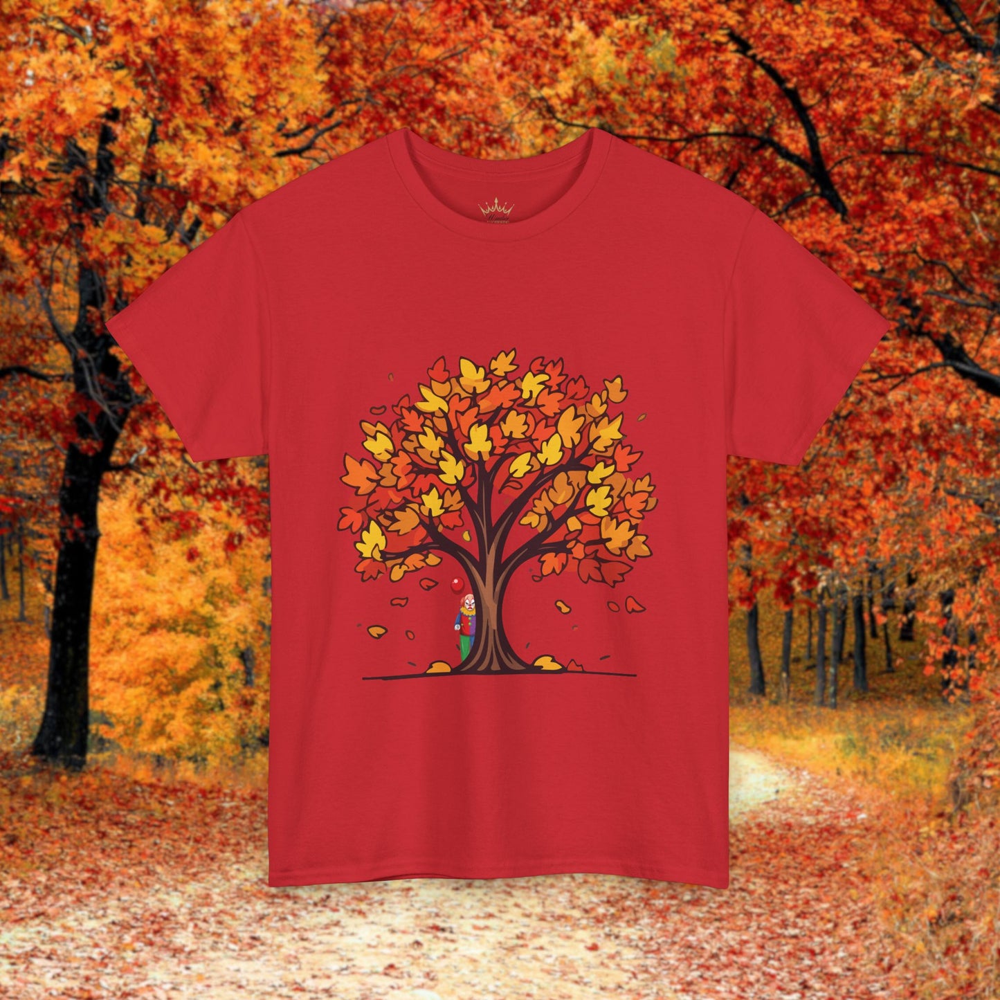 Autumn Tree Clown Tee, Unisex Cotton Shirt, Fall Fashion, Nature Lover Gift, Seasonal Wear, Thanksgiving Apparel