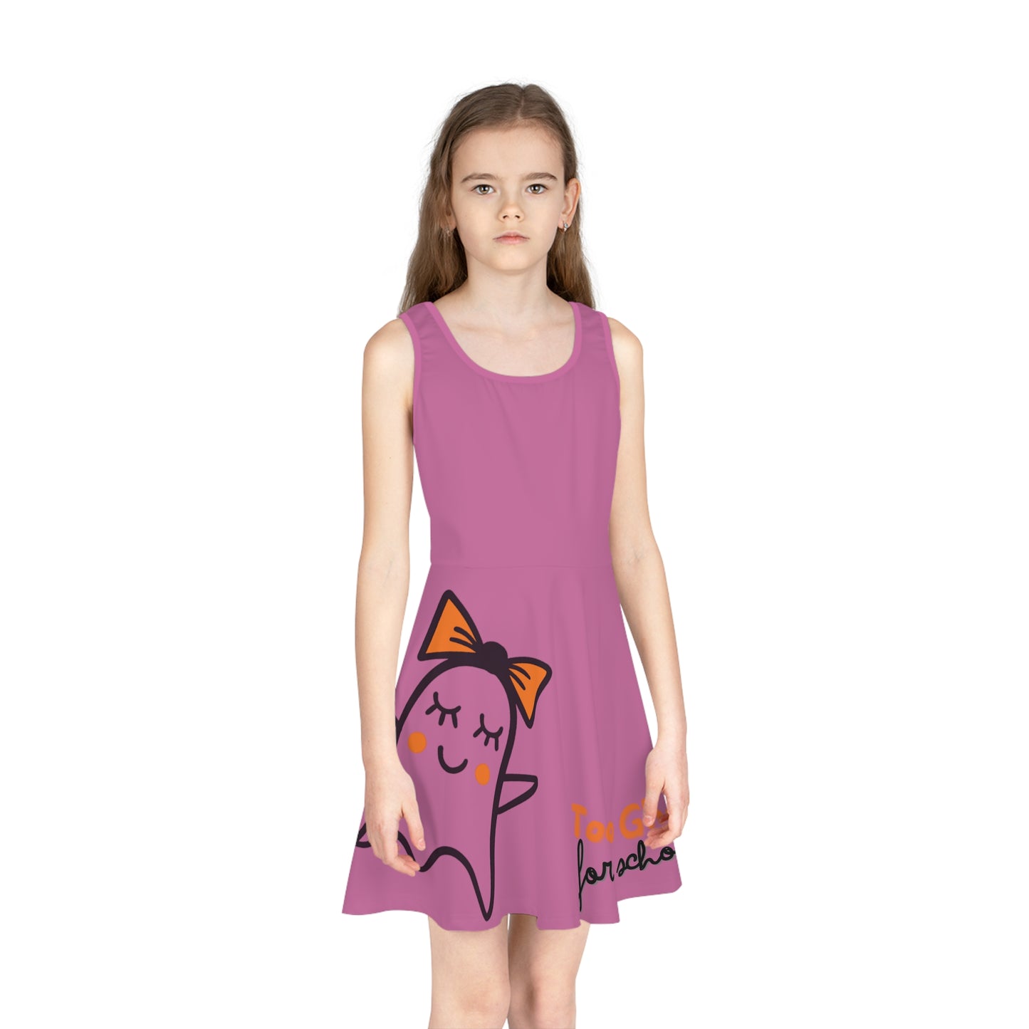 Light Pink Too Ghoul For School Cute Ghost Girls' Sleeveless Sundress (AOP)