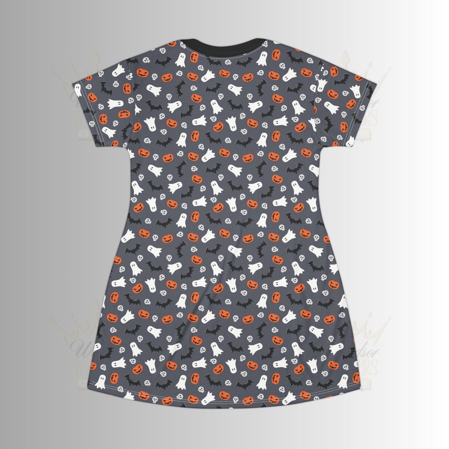 Dark Grey Halloween Patterned T-Shirt Dress, Casual Summer Wear, Everyday Outfit, Gift for Her, Home Lounge Dress