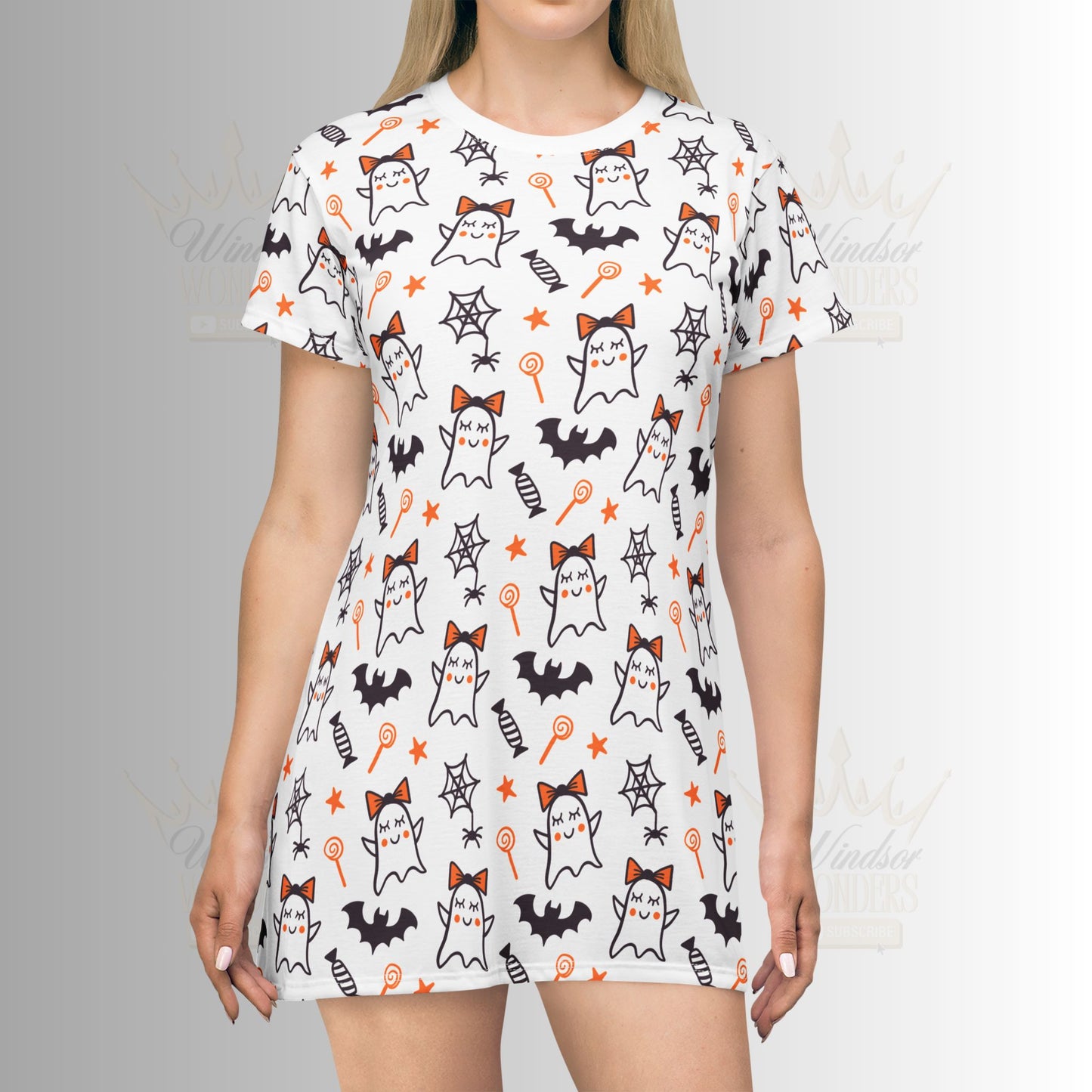 Halloween T-Shirt Dress - Kids Ghost & Bat Pattern