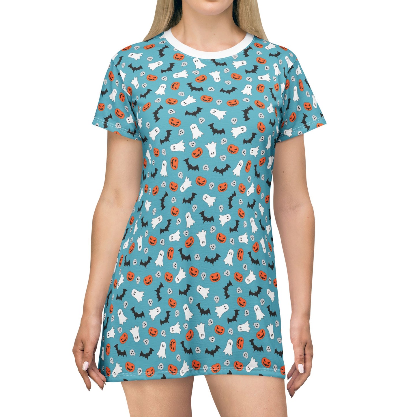 Whimsical Blue Halloween Pattern T-Shirt Dress, Fun Casual Wear, Perfect for Spooky Lovers, Holiday-Themed Gift, Fall Fashion, Cute Closet Essential