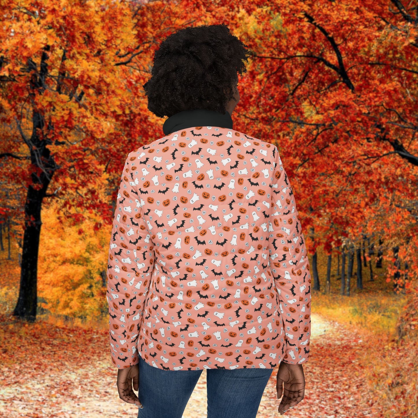 Orange Halloween Cozy Women’s Puffer Jacket, Cute Winter Coat, Stylish Outerwear, Trendy Fashion, Perfect for Gifting, Animal Print Design