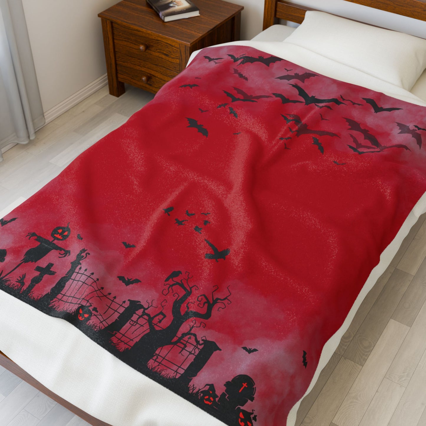 Windsor Wonders Red Graveyard Halloween Velveteen Plush Blanket