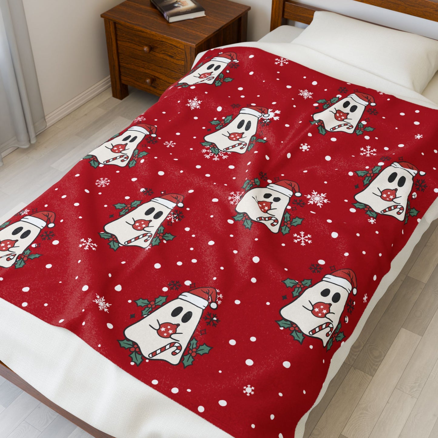 Festive Spirits Dark Red Velveteen Plush Blanket
