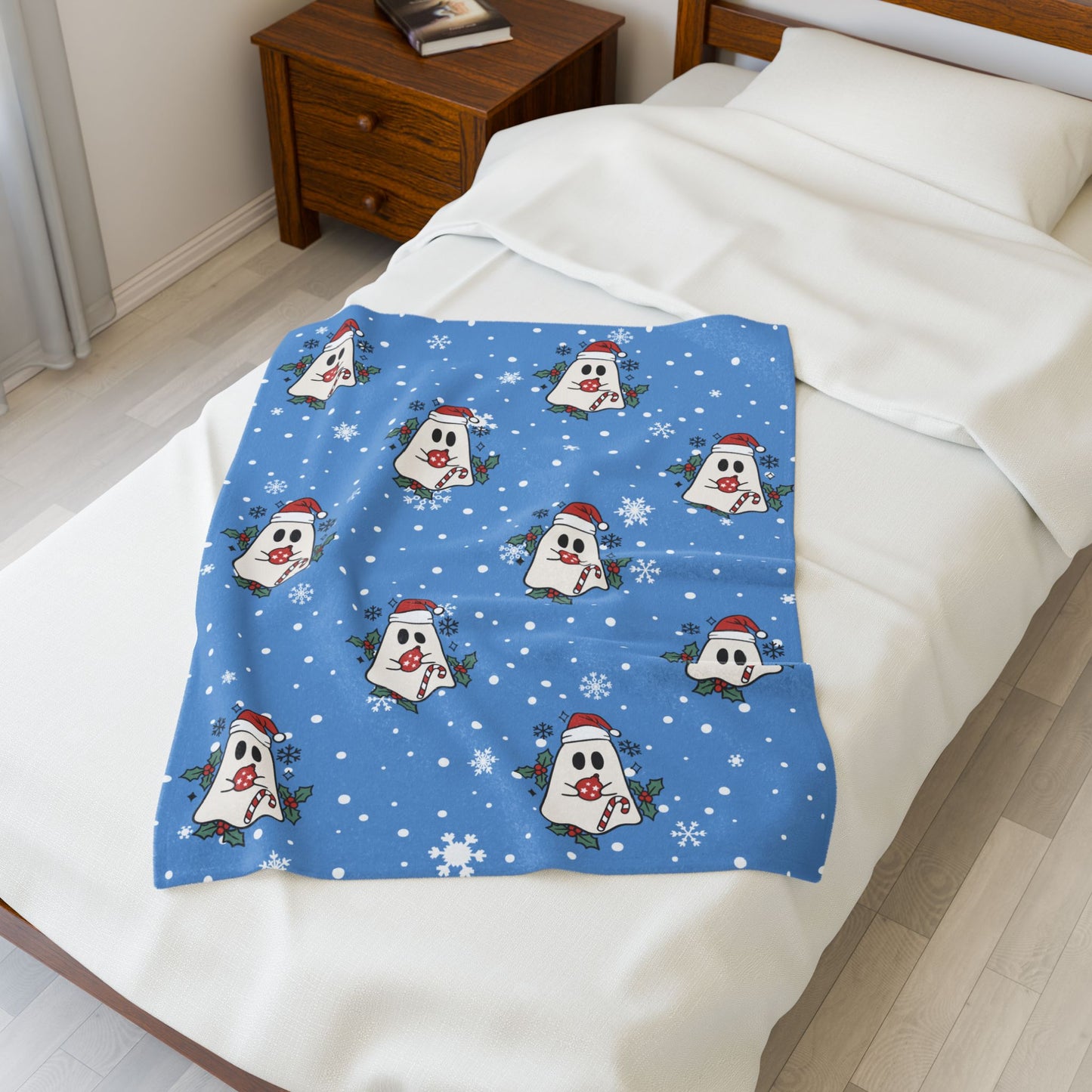 Festive Spirits Light Blue Velveteen Plush Blanket