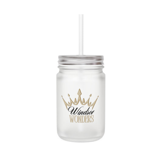 Frosted Mason Jar Tumbler with Windsor Wonders Crown Design, Perfect for Parties, Gifts, Eco-Friendly, Birthday, Wedding Favor, Home Decor