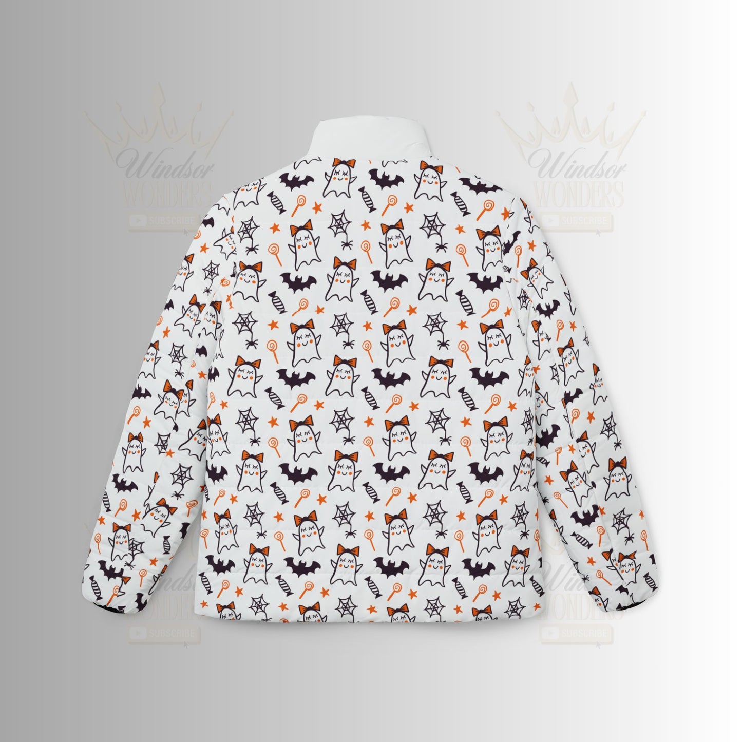 Halloween Ghost Puffer Jacket - Women's Cozy Outerwear