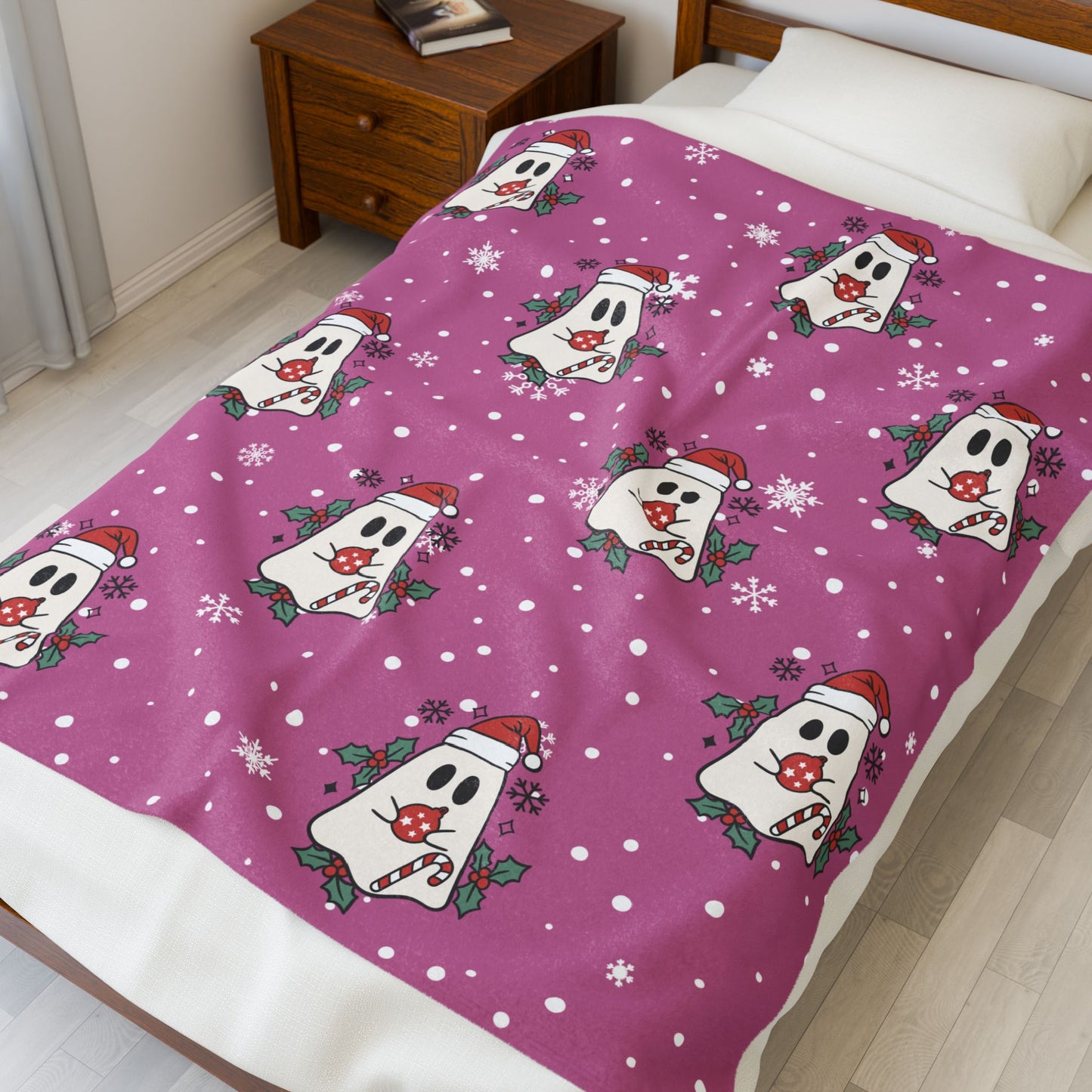 Festive Spirits Light Pink Velveteen Plush Blanket