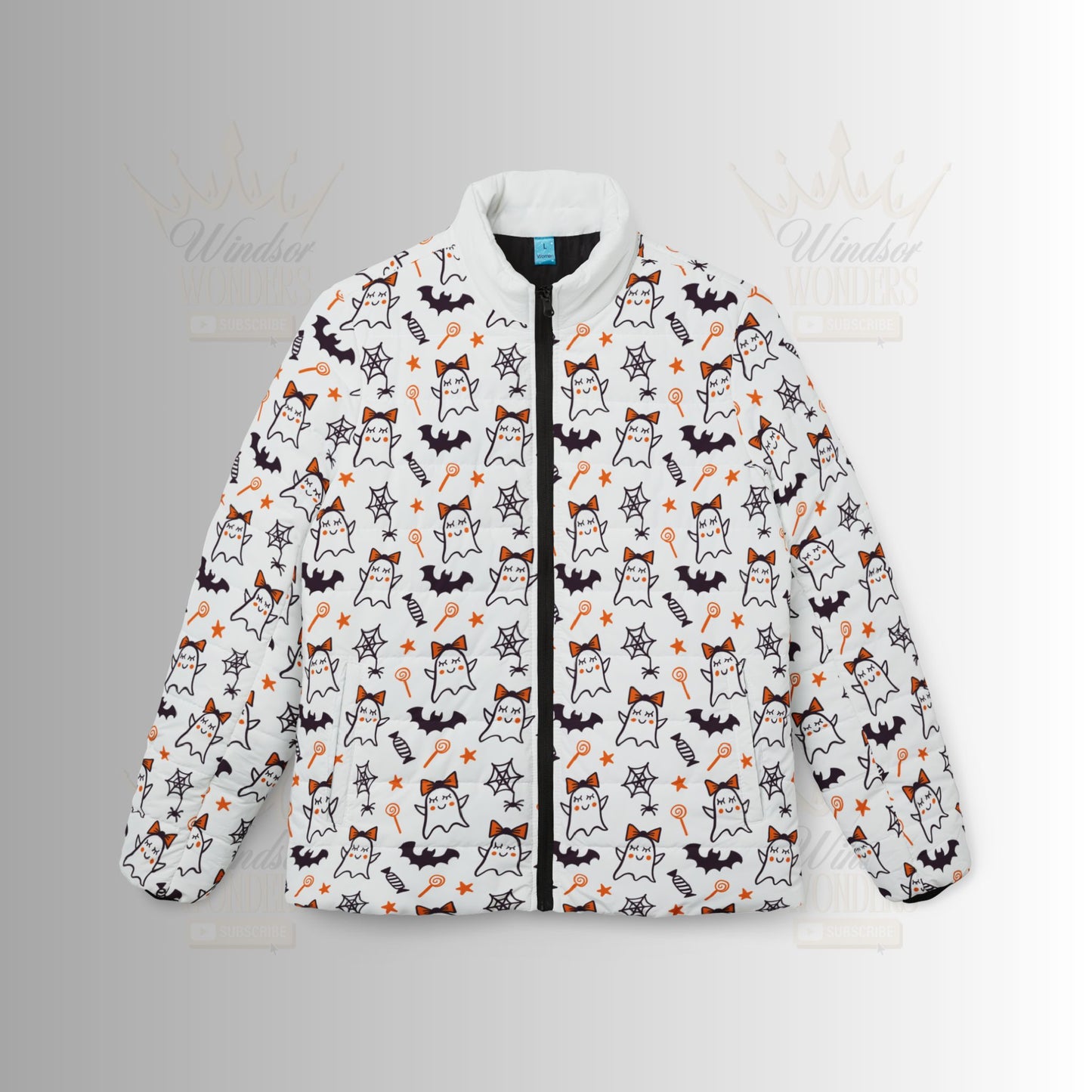 Halloween Ghost Puffer Jacket - Women's Cozy Outerwear