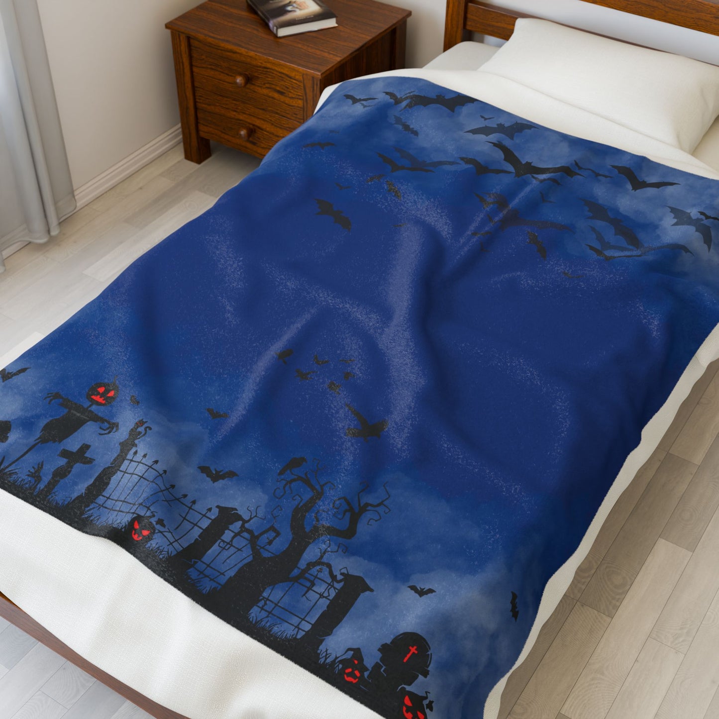Windsor Wonders Dark Blue Graveyard Halloween Velveteen Plush Blanket