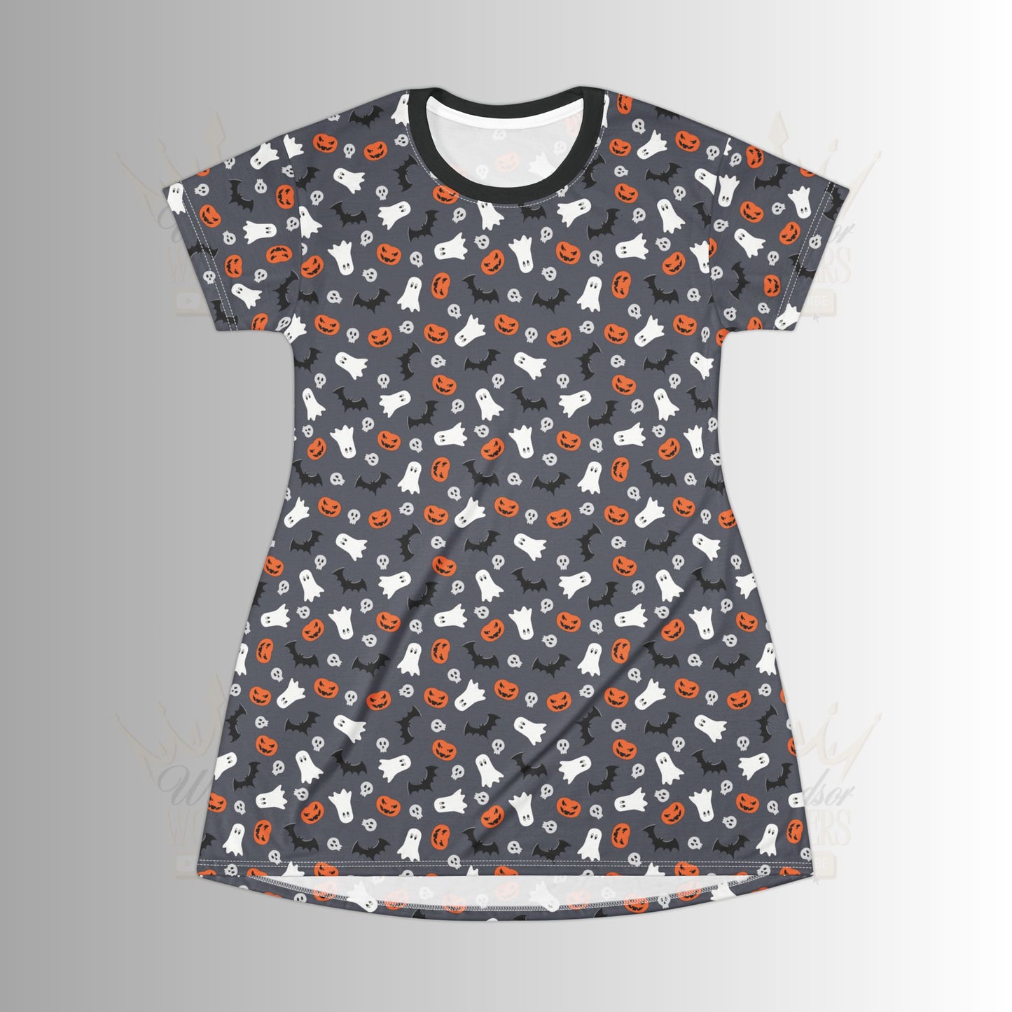 Dark Grey Halloween Patterned T-Shirt Dress, Casual Summer Wear, Everyday Outfit, Gift for Her, Home Lounge Dress