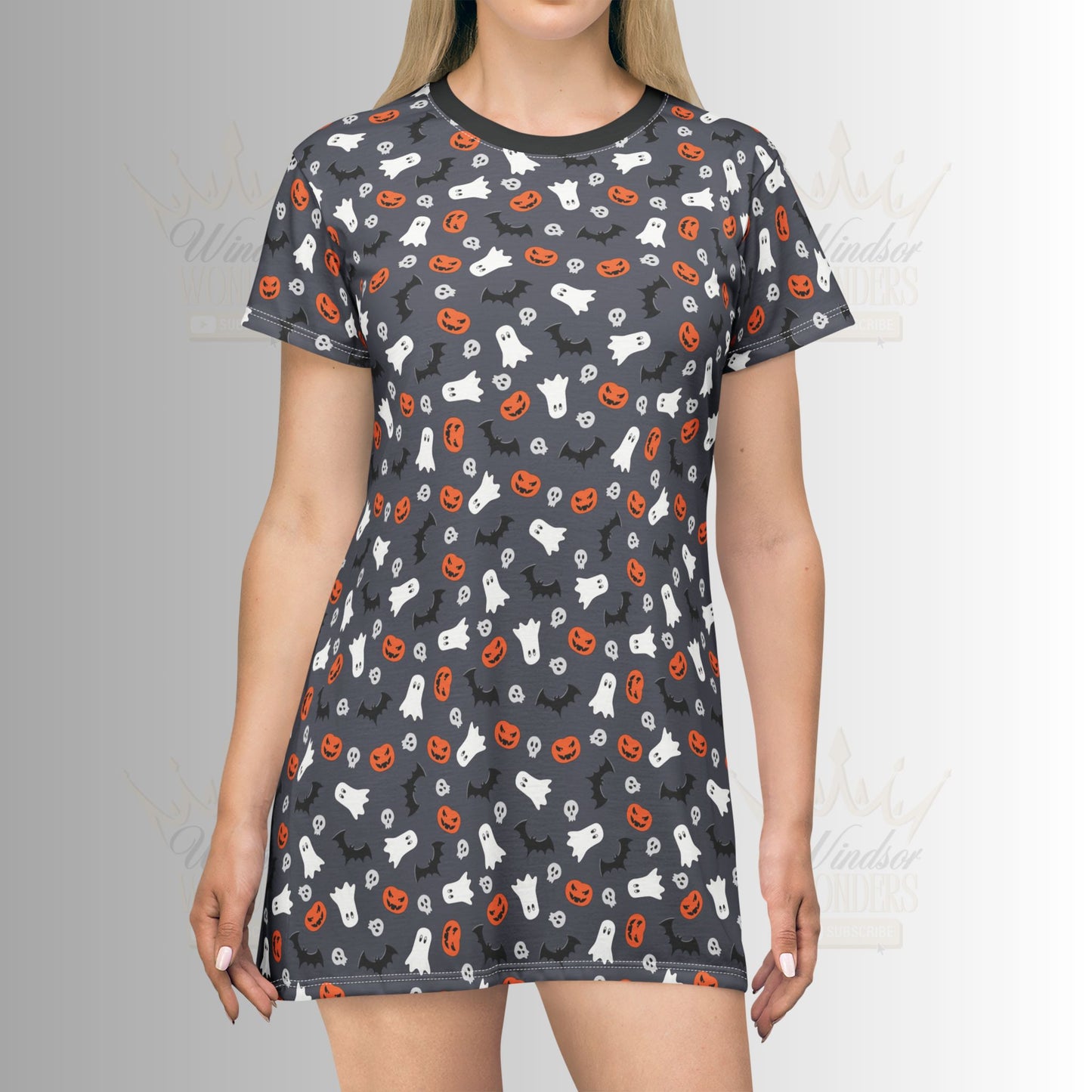 Dark Grey Halloween Patterned T-Shirt Dress, Casual Summer Wear, Everyday Outfit, Gift for Her, Home Lounge Dress