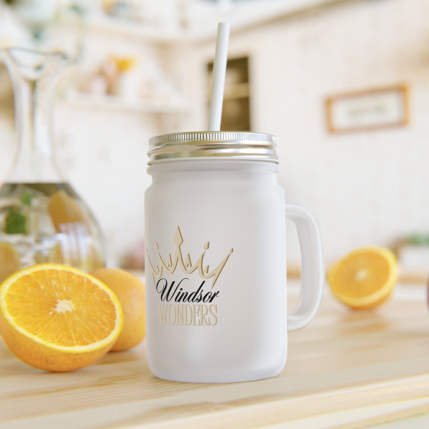 Frosted Mason Jar Tumbler with Windsor Wonders Crown Design, Perfect for Parties, Gifts, Eco-Friendly, Birthday, Wedding Favor, Home Decor