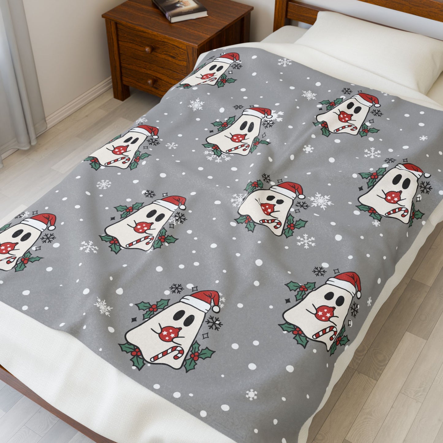 Festive Spirits Light Grey Velveteen Plush Blanket