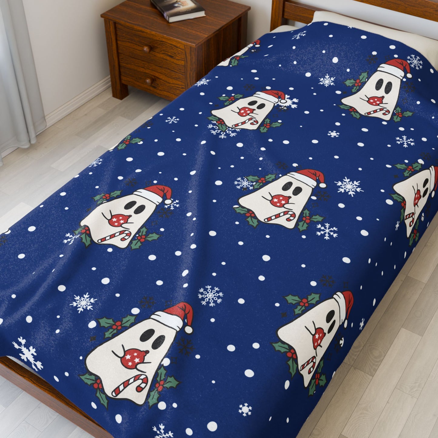 Festive Spirits Dark Blue Velveteen Plush Blanket