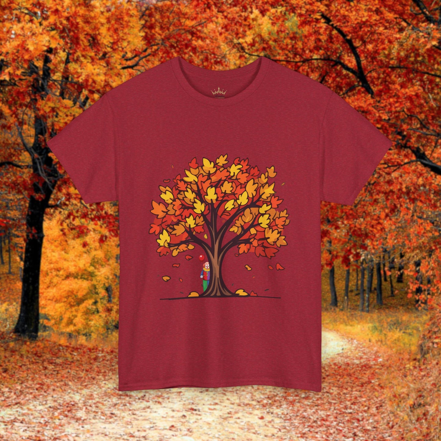 Autumn Tree Clown Tee, Unisex Cotton Shirt, Fall Fashion, Nature Lover Gift, Seasonal Wear, Thanksgiving Apparel