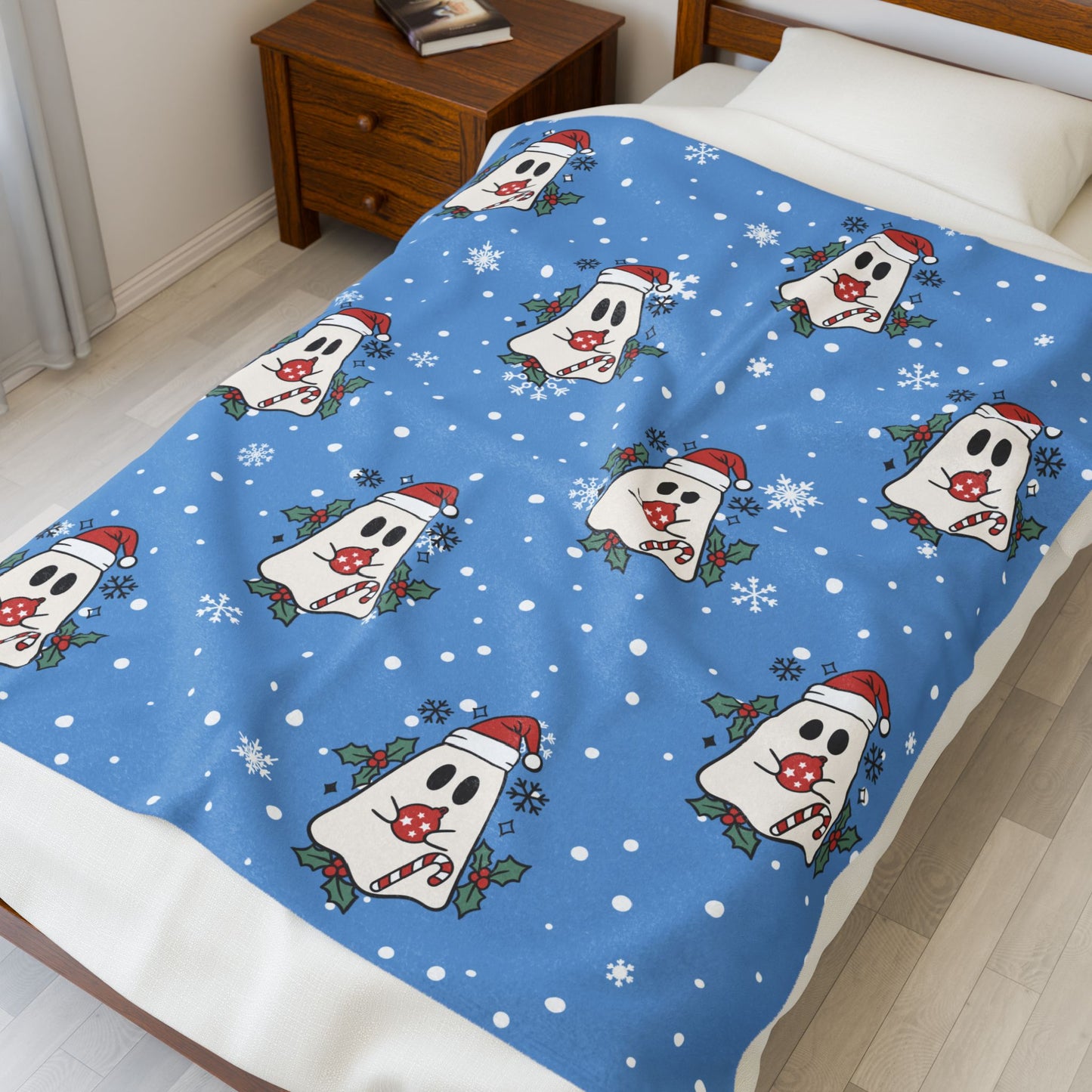 Festive Spirits Light Blue Velveteen Plush Blanket