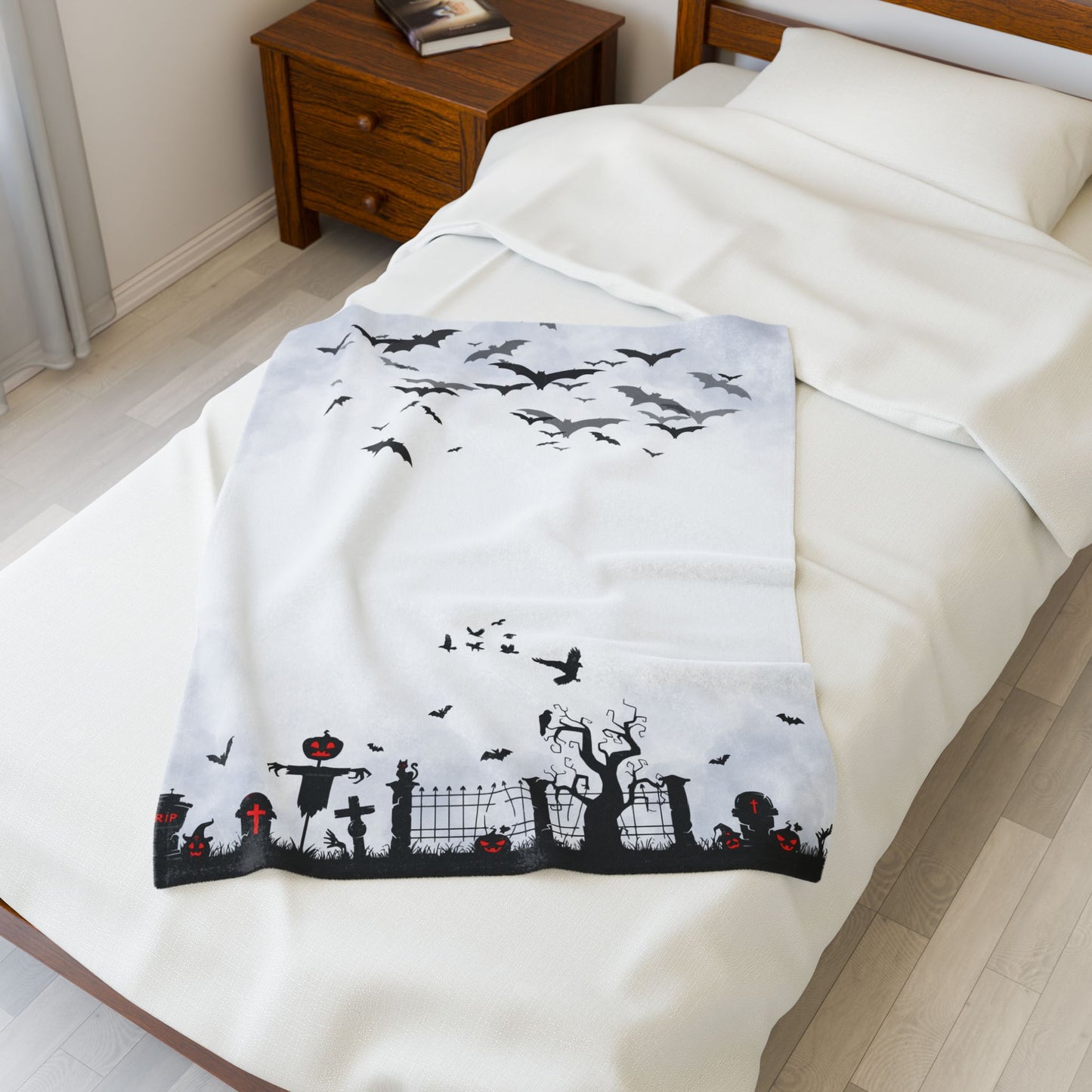 Windsor Wonders White Graveyard Halloween Velveteen Plush Blanket