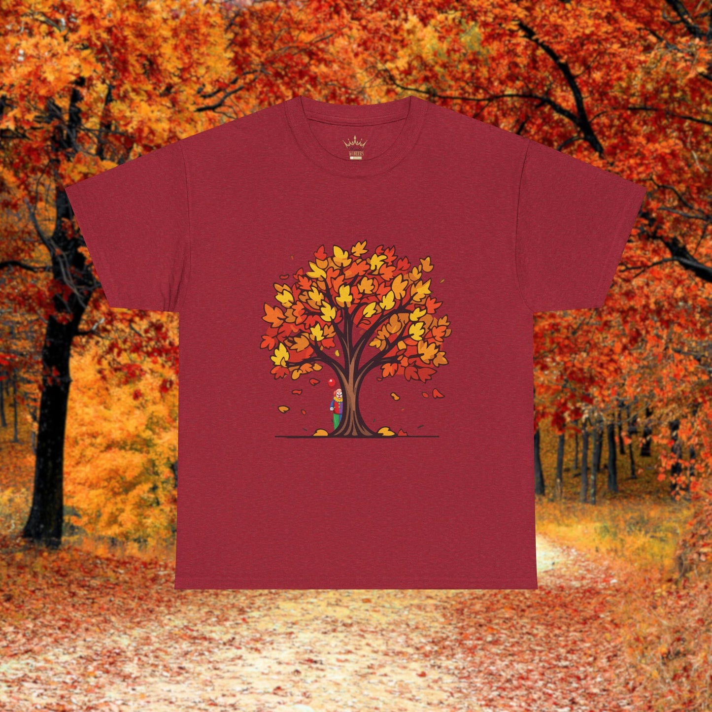 Autumn Tree Clown Tee, Unisex Cotton Shirt, Fall Fashion, Nature Lover Gift, Seasonal Wear, Thanksgiving Apparel