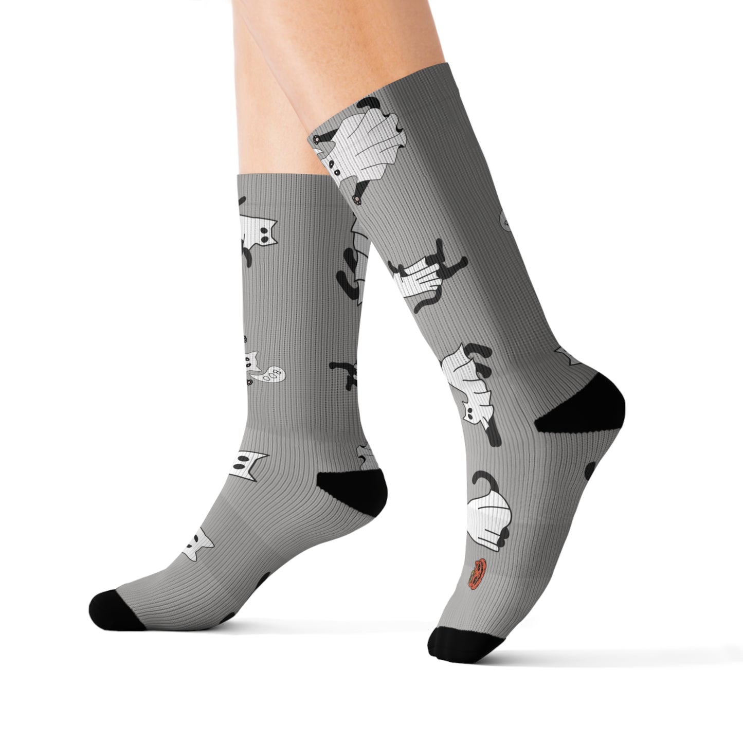 Windsor Wonders Light Grey Halloween Ghost Cats Sublimation Socks