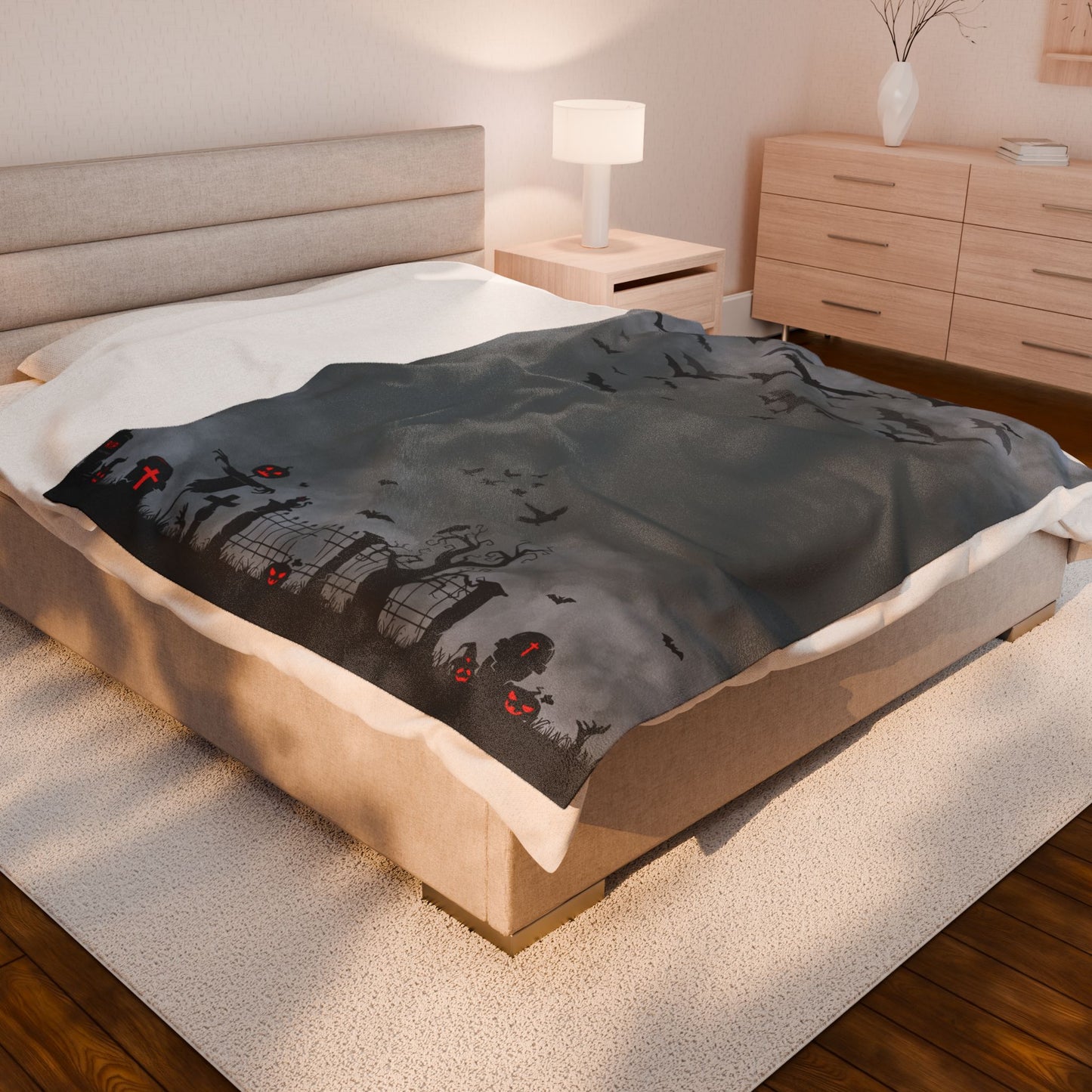 Windsor Wonders Dark Grey Graveyard Halloween Velveteen Plush Blanket