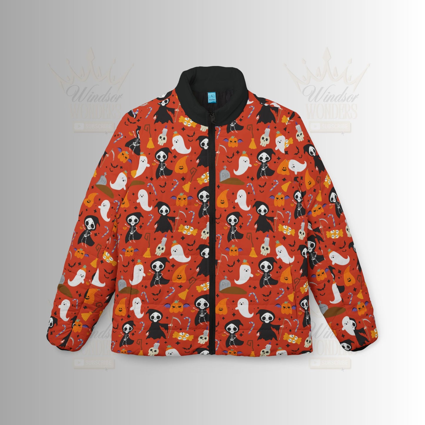 Halloween Ghosts & Reapers Women’s Puffer Jacket, Cozy Fall Layer, Spooky Season Outerwear, Pet Lover Gift, Cute Halloween Apparel