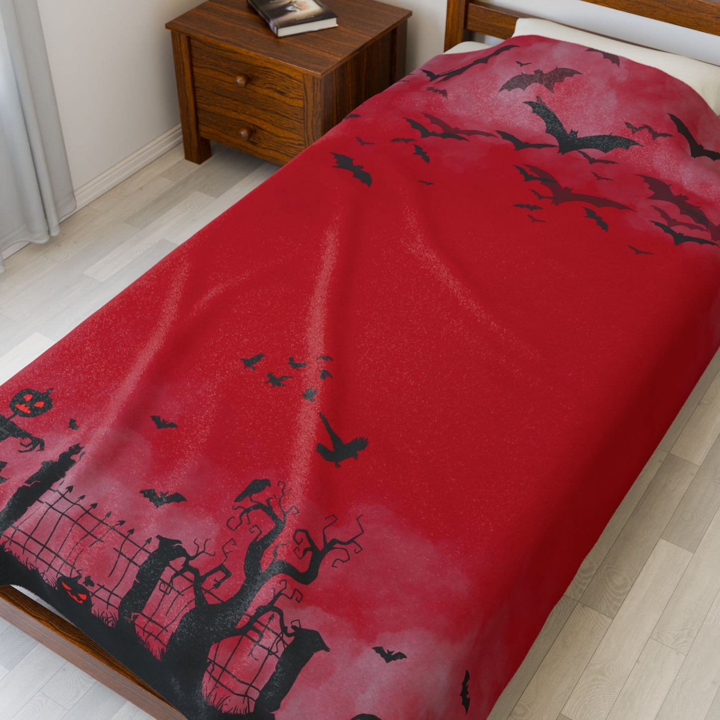 Windsor Wonders Red Graveyard Halloween Velveteen Plush Blanket